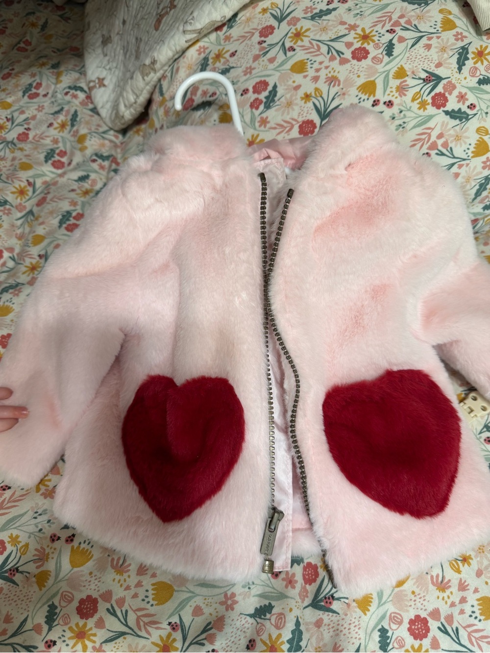 Girls Pink Faux-Fur Jacket with Red Heart Pockets